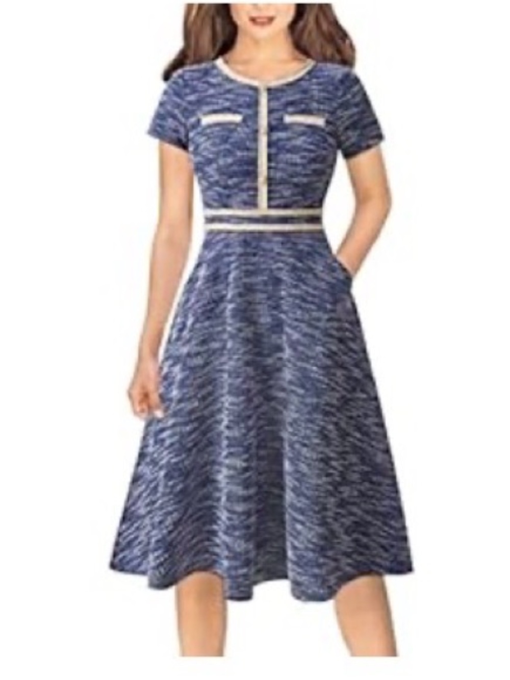 Women’s Navy Textured Fit-and-Flare Dress with White Trim